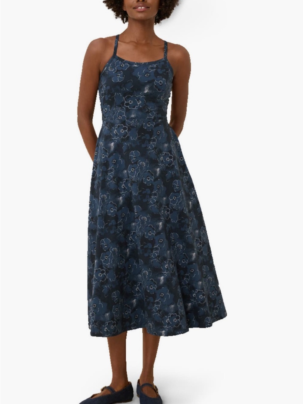 Floral Fit-and-Flare Navy Dress with Spaghetti Straps and Side Pockets